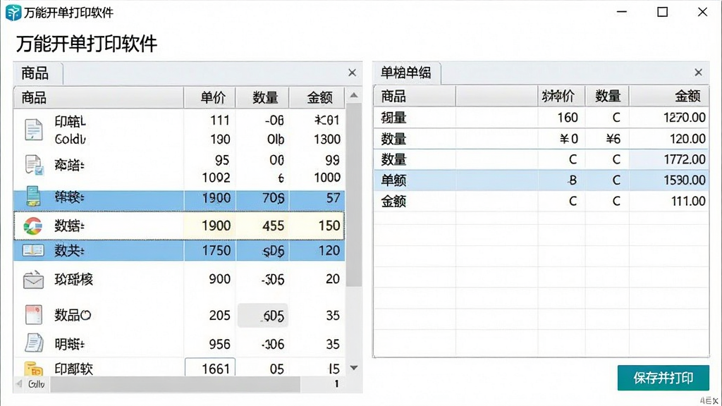 画面主体为“万能开单打印软件”新建单据页面,左侧商品列表,右侧购物车式单据明细,底部为“保存并打印”按钮。布局清晰,表格行高亮显示当前选中商品。风格写实,界面字体为微软雅黑,细节包含单价、数量、金额列。画质干净,无多余元素。