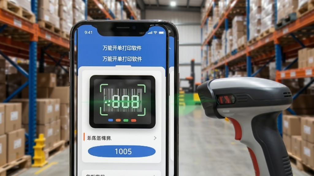 画面主体为智能手机屏幕显示“万能开单打印软件”小程序界面,背景为仓库货架与扫码枪。布局采用前景手机、后景环境的结构。风格真实自然,细节体现扫码动画与库存数量变化。画质干净,无多余元素。