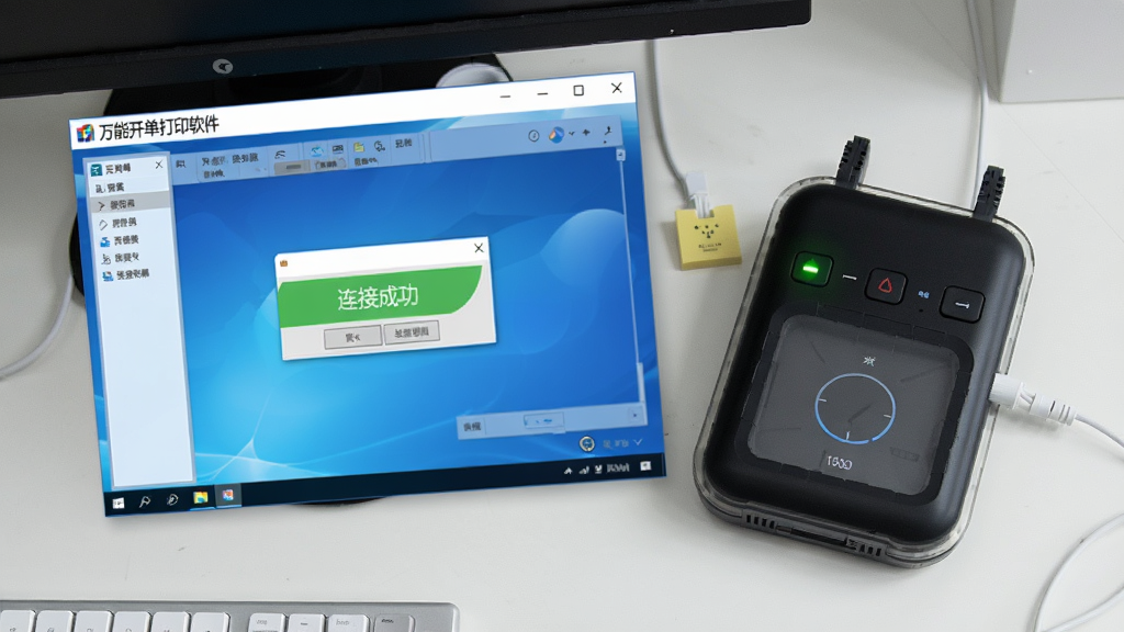 画面主体为电脑桌面显示“万能开单打印软件”运行界面,旁边放着一台便携式蓝牙打印机。布局为俯拍,桌面整洁。风格真实摄影,细节包括打印机状态灯亮起、屏幕有“连接成功”弹窗。画质干净,无多余元素。