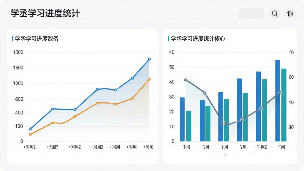 学丞学习进度统计界面,展示折线图与柱状图数据,背景干净,图表清晰,配色专业,画质高清。