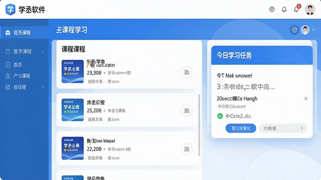 学丞软件主界面预览图,展示其首页学习课程列表与今日学习任务卡片,布局清晰,采用蓝白主色调,扁平化设计风格,界面干净整洁,画质高清,无多余元素。