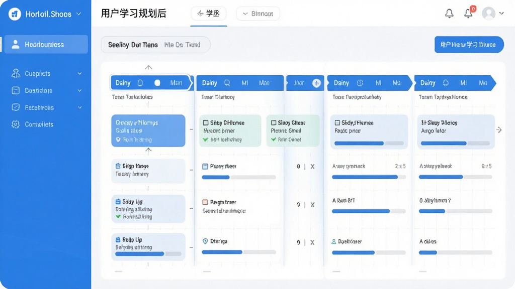 学丞智能学习路径规划功能截图,展示用户自定义学习目标后系统生成的周计划时间轴,界面清晰展示每日任务与进度条,蓝白配色,信息层级分明,画质高清,无多余元素。