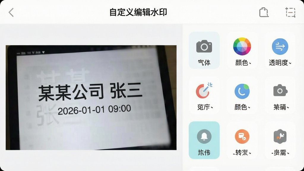 主体:“自定义水印打卡原相机”的水印编辑界面,展示丰富的编辑选项。布局:左侧为预览区域,右侧为属性调节面板,上下结构分明。排版:界面顶部有“自定义水印”标题,下方罗列字体、颜色、透明度等选项图标。风格:扁平化UI设计风格,色彩清新。细节:预览图片上的水印文字显示为“某某公司 张三”,日期时间为“2026-01-01 09:00”。画质:清晰,干净,无多余元素。