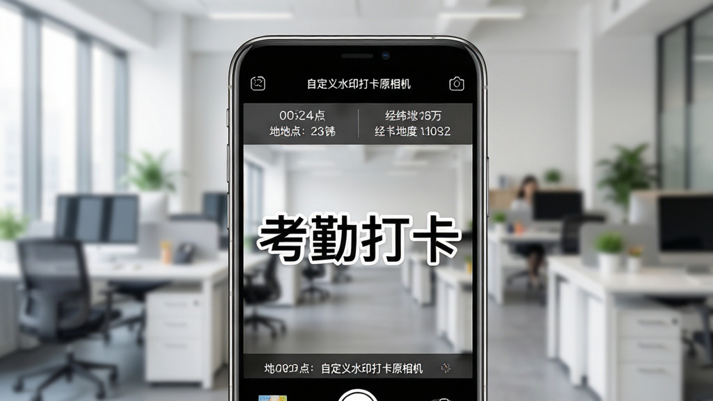 主体:一部智能手机屏幕正显示“自定义水印打卡原相机”的拍照界面,界面中央有醒目的“考勤打卡”字样水印。布局:手机位于画面中央偏下,四周留白,背景为虚化的现代办公室环境。排版:手机屏幕内清晰展示时间、地点、经纬度等水印信息栏,布局规整。风格:写实风格,光线明亮,画质细腻。细节:水印文字清晰可读,手机边缘有金属光泽。画质:高清,干净,无多余元素。