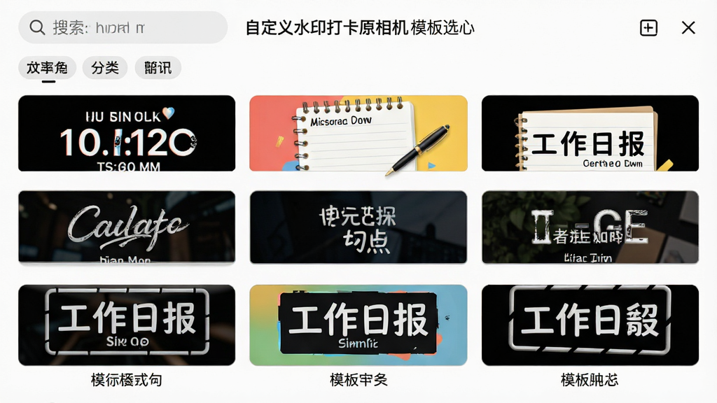 主体:“自定义水印打卡原相机”的模板选择中心,以网格形式陈列多种水印样式。布局:九宫格布局,每个缩略图下方标注模板名称。排版:界面顶部为搜索栏和分类标签。风格:时尚简洁,色彩明快。细节:缩略图上的水印样式各异,包括时间地点、记事本、工作日报等多种风格。画质:高清,干净,无多余元素。