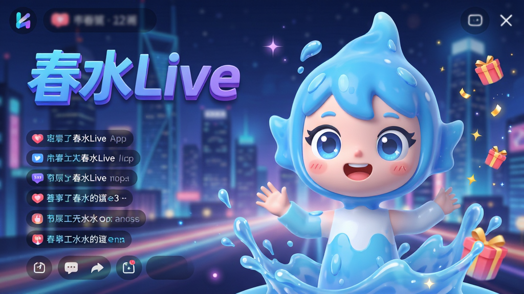 画面主体为春水Live APP的虚拟形象,一个活泼可爱的3D水精灵IP,背景是流光溢彩的现代都市夜景与直播界面元素的融合。整体布局采用中心构图,水精灵位于画面中央偏右,左侧预留出文字介绍区域。画面排版干净,主标题“春水Live”以立体艺术字呈现,采用蓝紫渐变色调,风格为科技感与潮流感结合的扁平化插画风。细节上强调水花飞溅的动感、直播间弹幕光效和礼物的璀璨粒子。画质高清,干净无多余元素,整体色彩明亮通透。