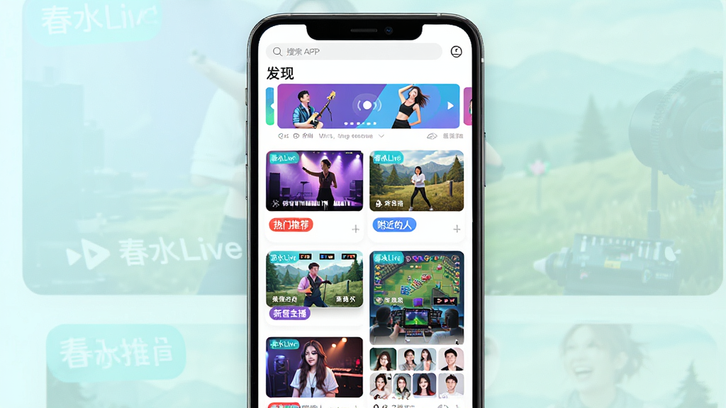 画面主体为春水Live APP的“发现”页面概念图,以手机APP界面的形式呈现。布局采用卡片式瀑布流设计,顶部为搜索栏和轮播Banner,下方错落有致地排列着不同分类的直播间封面缩略图,每张封面都配有“春水Live”角标。排版简洁明了,风格为扁平化的UI设计图。细节上,封面图内容包含音乐、舞蹈、户外、游戏等多种场景,色彩鲜艳,并配有“热门推荐”、“附近的人”、“新晋主播”等标签。画质高清,干净无多余元素,整体风格现代时尚。
