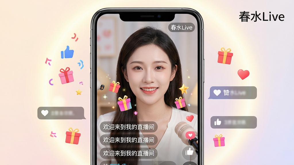 图片主体为春水Live直播界面预览图,一部大屏智能手机占据画面中心,屏幕上正播放着一位微笑着的主播在进行高清直播,画面右上角有“春水Live”的LOGO水印。布局为手机竖向居中,周围辅以动态的点赞、礼物图标和悬浮弹幕框。排版清晰,突出手机屏幕内的画面细节。风格为写实的UI界面截屏风格,搭配柔和的背景光晕。细节包括屏幕内主播清晰的面部表情、精致的礼物特效和实时滚动的弹幕文字,文字内容为“欢迎来到我的直播间”。画质高清,干净无多余元素,整体氛围温馨明亮。