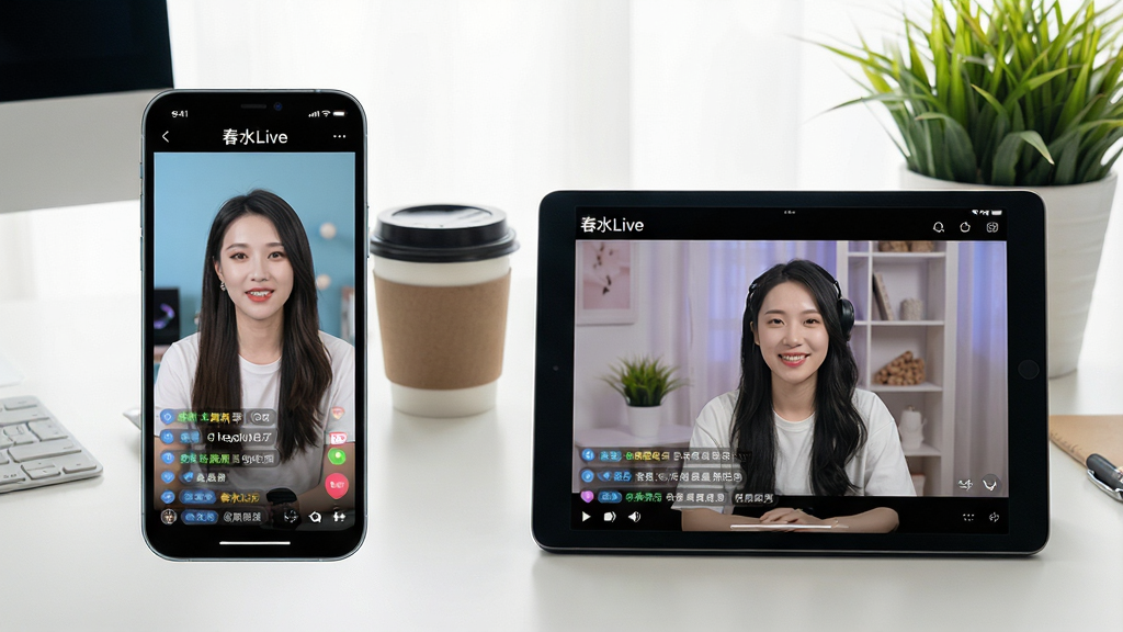 一张展示春水Live在手机与平板电脑上同时运行的场景图,左侧为竖屏手机界面,右侧为横屏平板界面,均显示着“春水Live”的直播画面。布局为左右对比构图,背景为简洁的工作台,摆放着咖啡杯和绿植。排版清晰,突出多设备适配能力。风格为写实的场景摄影风,光线柔和。细节上,手机与平板屏幕内都播放着不同主播的直播内容,画面底部有弹幕飘过。画质高清,干净无多余元素,整体氛围轻松愉悦。