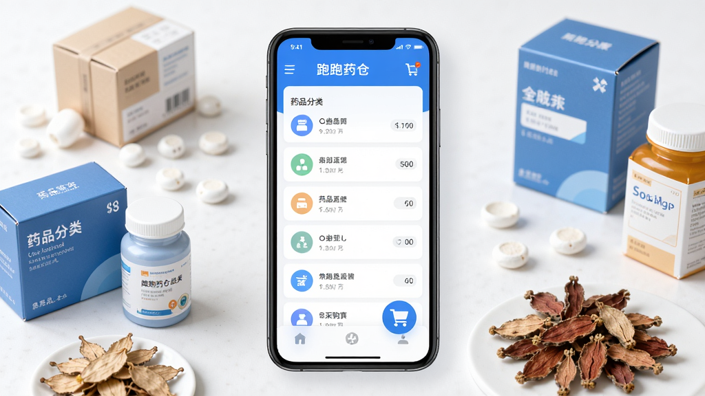 跑跑药仓应用主界面,展示药品分类列表与采购车图标,界面风格简洁现代,以蓝白为主色调,手机模型居中展示,周围配以药品包装盒与药材元素,布局清晰,排版直观,扁平化设计,细节丰富,画质高清干净,无多余元素