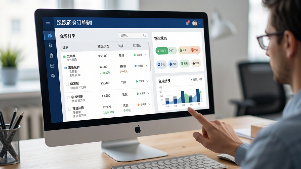 跑跑药仓订单管理界面,显示订单列表、物流状态图标与统计图表,用户手指点击操作,背景为办公桌与电脑,深蓝色辅助色,扁平化风格,界面直观,细节丰富,画质高清干净,无多余元素