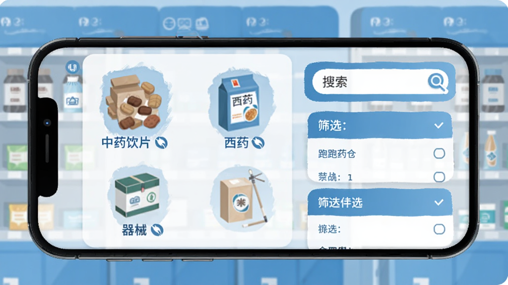 跑跑药仓药品分类展示页面,屏幕内显示中药饮片、西药、器械等图标,旁边有放大镜搜索框与筛选项,背景为整洁的货架,采用蓝色主色调,手机界面特写,扁平化设计风格,画质清晰,无多余元素