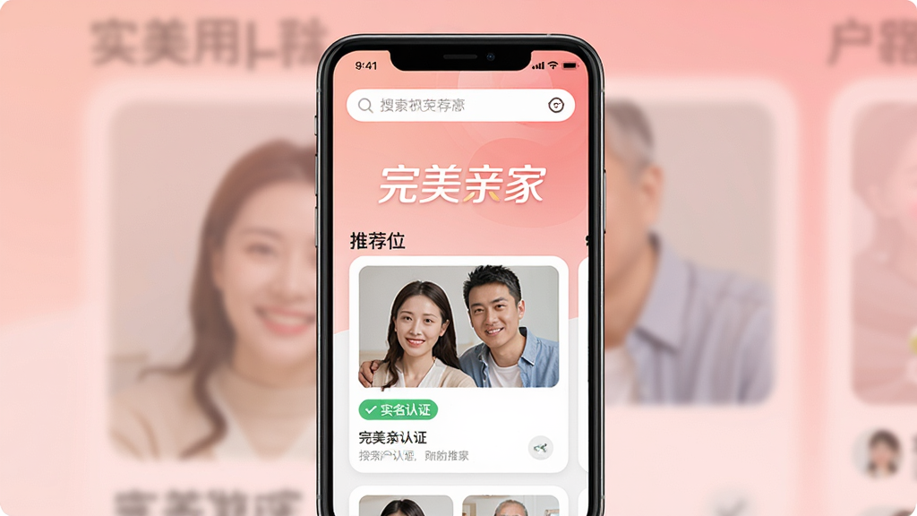 主体:完美亲家App在智能手机上展示主界面,界面显示“完美亲家”品牌标识和相亲用户资料卡片。布局:手机居中,界面清晰,上方有搜索栏和推荐位。排版:简洁大方,信息层次分明。风格:现代扁平化设计,温馨明亮的色调。细节:屏幕内展示真实用户照片和“实名认证”标签,背景为淡雅的粉色渐变,画质高清,干净无多余元素。