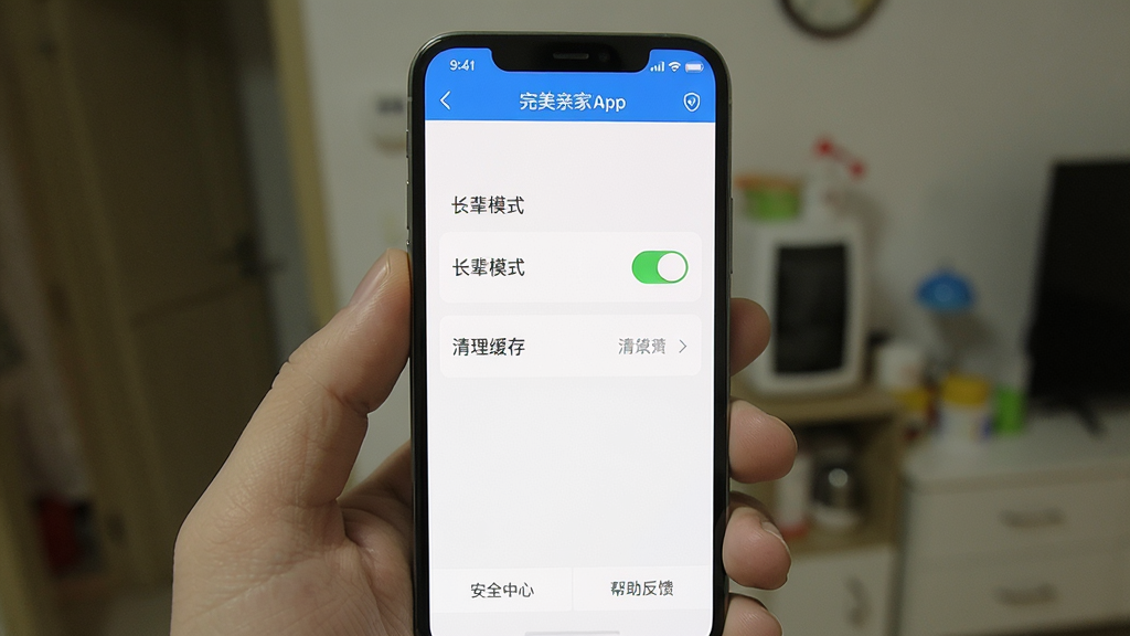 主体:完美亲家App在手机上的设置页面,显示“长辈模式”开关和“清理缓存”选项。布局:手机屏幕居中,功能列表清晰。排版:纵向排列,开关醒目。风格:简洁实用,白色背景。细节:屏幕上有“安全中心”和“帮助反馈”入口,画质高清,干净无多余元素。
