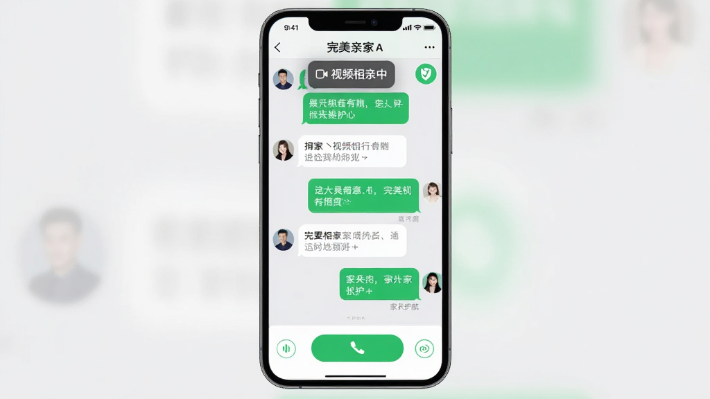 主体:完美亲家App的聊天界面,显示对话气泡和语音通话按钮。布局:手机屏幕居中,聊天背景为浅灰色。排版:信息流式,清晰易读。风格:简约实用,绿色按钮醒目。细节:屏幕上有“视频相亲中”悬浮窗和“家长护航”图标,画质高清,无多余元素。