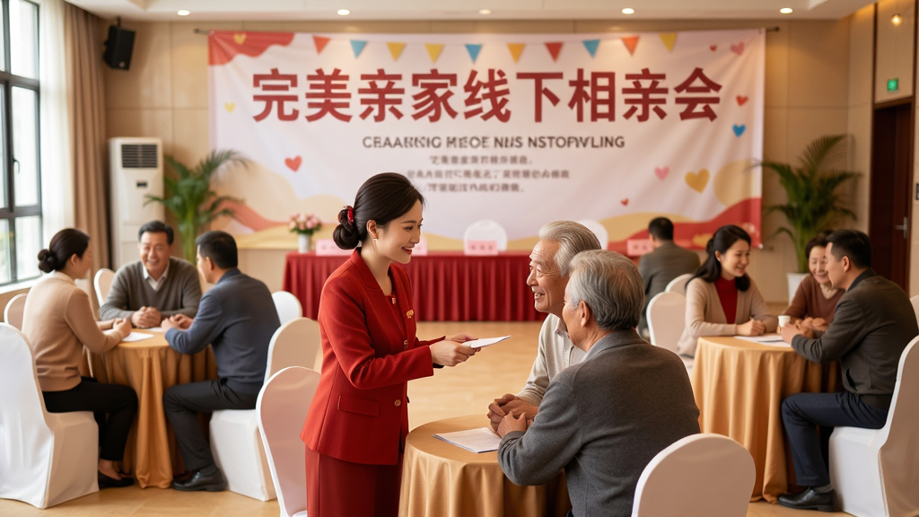 主体:完美亲家线下相亲活动现场,红娘正在引导家长交流。布局:场景开阔,多组家庭围坐,背景有活动横幅。排版:自然生动,人物互动清晰。风格:写实温馨,暖色调。细节:横幅写有“完美亲家线下相亲会”,画质高清,干净无多余元素。
