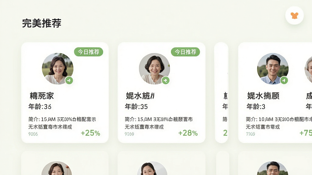 主体:完美亲家App的匹配推荐页面,展示多个用户卡片。布局:卡片式排列,每个卡片有头像、昵称、年龄和简介。排版:横向滑动,简洁明了。风格:清新自然,浅色背景。细节:卡片上有“今日推荐”标签和匹配度百分比,画质高清,干净无多余元素。