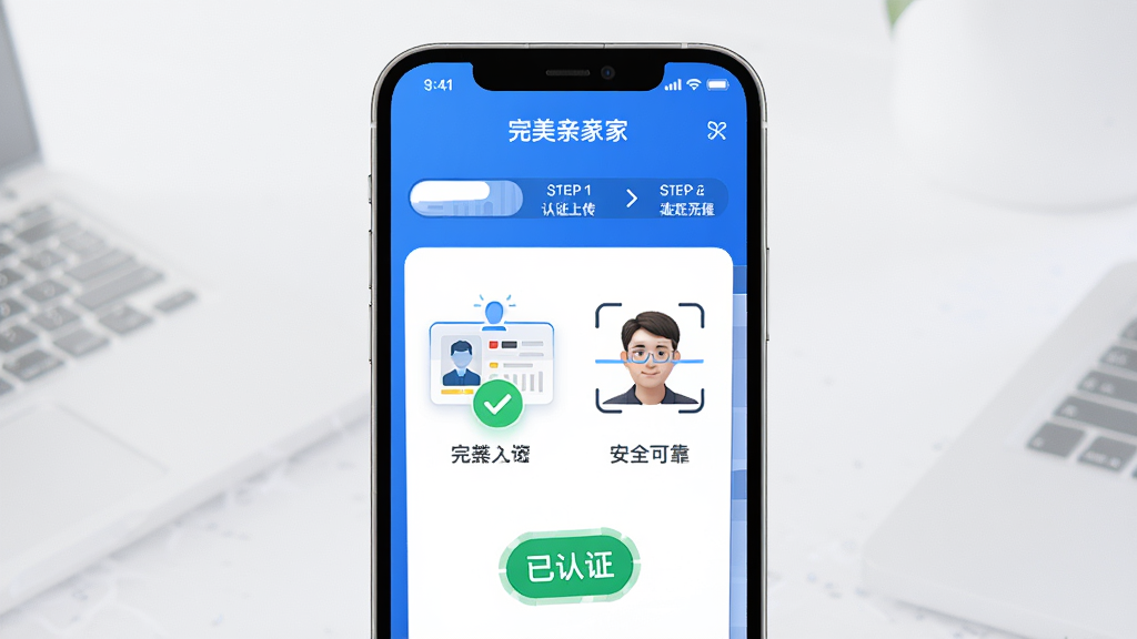 主体:完美亲家App的实名认证页面,展示身份证上传和人脸识别图标。布局:手机屏幕居中,认证流程步骤清晰显示。排版:图文结合,步骤条位于上方。风格:商务简约,蓝色科技感。细节:屏幕上有“已认证”绿色徽章和“安全可靠”字样,背景干净整洁,画质高清,无多余元素。