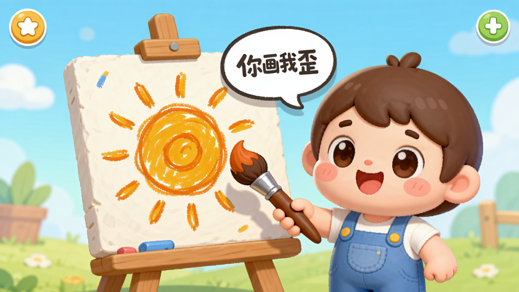 主视觉画面中,一个可爱的卡通角色手持画笔,面前是一块画板,画板上有一个被画得歪歪扭扭的太阳,旁边有对话框写着“你画我歪”,整体风格清新明快,色彩活泼,游戏界面布局清晰,突出休闲娱乐氛围,画面干净无多余元素,高画质。