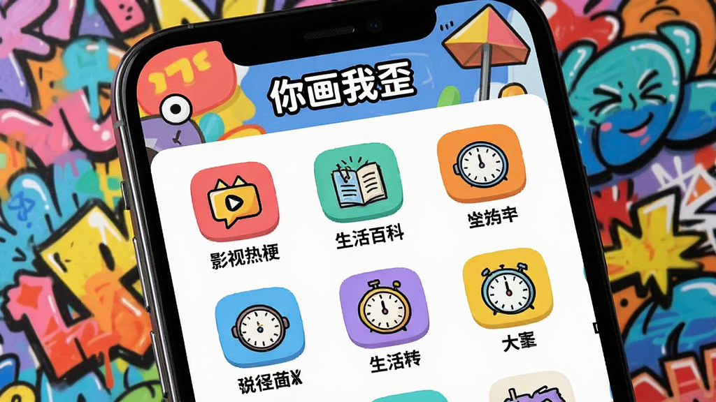 手机屏幕上展示着“你画我歪”的词库选择界面,分类图标排列整齐,包含“影视热梗”、“生活百科”等字样,背景是色彩斑斓的涂鸦元素,整体设计直观清晰,风格卡通化,画面干净明亮,高画质。
