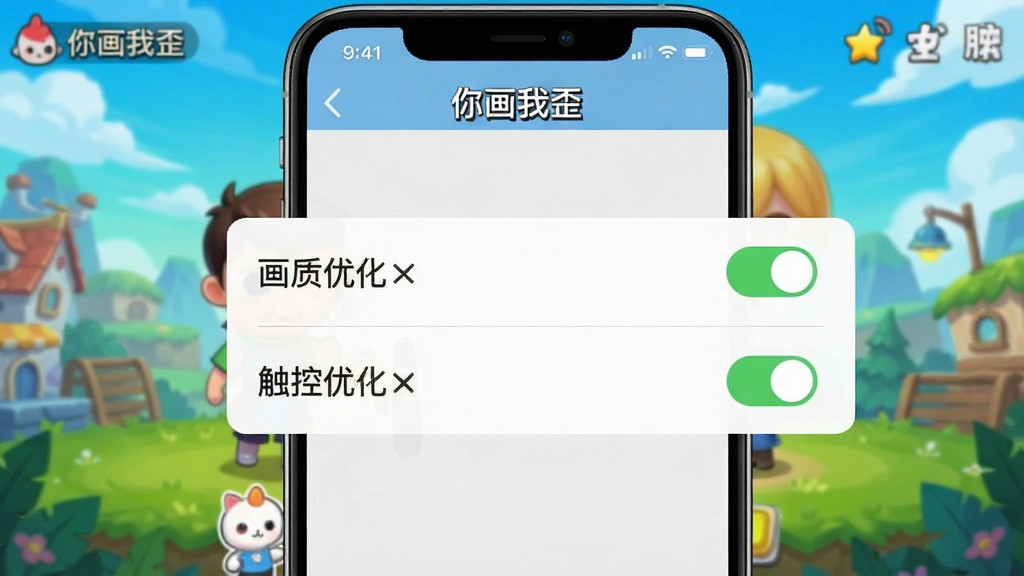 一张手机截图,显示“你画我歪”游戏在设置界面中的“画质优化”和“触控优化”选项被开启,背景是游戏主界面,风格简洁,提示文字清晰,界面明亮,高画质。