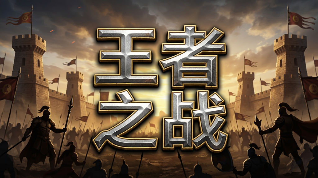 一幅高清的游戏宣传主视觉图,画面中央是“王者之战”四个大字,采用金属质感、金色描边,背景是宏大的古代战场,两侧有防御塔和英雄剪影,整体风格写实、色彩浓郁,光影效果强烈,画面干净无多余元素,画质细腻富有层次感