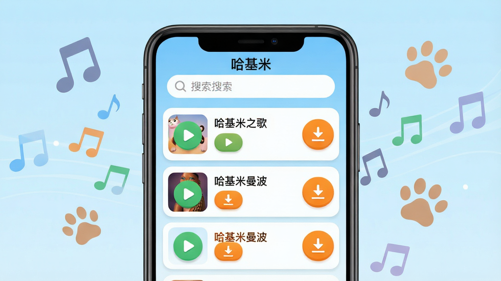 主体:手机屏幕展示“哈基米”应用主界面,界面顶部有搜索框,中部列表显示多个音频条目如“哈基米之歌”、“哈基米曼波”,每个条目带有播放按钮和下载按钮。布局:手机居中,屏幕内容清晰可见,背景为淡蓝色渐变,周围有音符和猫咪爪印装饰。排版:界面元素排列整齐,图标圆润。风格:扁平化设计,色彩明亮活泼,符合年轻用户审美。细节:屏幕中播放按钮显示为绿色圆形,下载按钮为橙色,列表文字清晰。画质:超高清4K,干净,无多余元素。