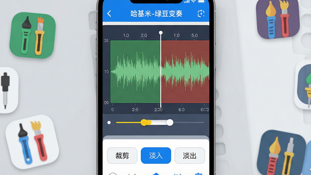 主体:手机屏幕显示音频剪辑界面,波形图上有一黄一白两个时间滑块,下方有“裁剪”、“淡入”、“淡出”功能按钮,顶部显示“哈基米-绿豆变奏”。布局:手机居中,背景为浅灰色工作台,旁边散落着几把不同颜色的音频编辑工具图标。排版:界面布局专业但不杂乱,按钮排列在底部,波形图居中放大。风格:简洁工具风格,线条流畅,色彩以蓝白为主。细节:波形图显示绿色和红色区域,时间刻度清晰,裁剪按钮为蓝色高亮。画质:4K,干净,无多余元素。