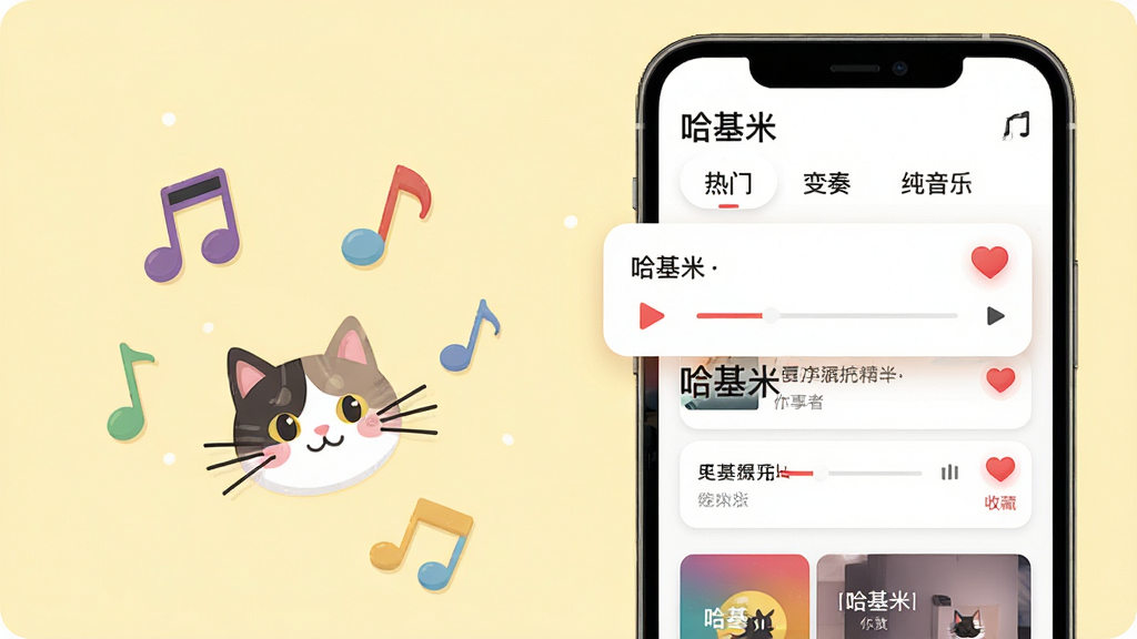 主体:手机横屏播放音频列表界面,屏幕显示“哈基米”应用中分类标签“热门”、“变奏”、“纯音乐”,下方是多个音频卡片,每个卡片上有歌曲名和作者。布局:手机置于画面右侧,左侧漂浮着几个音符图形和一个小猫咪头像。排版:界面采用卡片式布局,圆角卡片,错落有致。风格:插画风格结合扁平UI,色彩丰富但和谐,背景为淡黄色。细节:卡片上有播放进度条和红心收藏按钮,猫咪头像有胡须细节。画质:高清,干净,无多余元素。