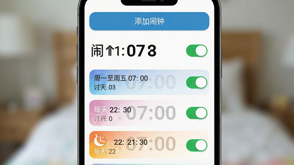 画面展示时钟闹钟安卓版手机界面的闹钟设置页,上方有“添加闹钟”按钮,下方罗列着多个彩色标签的闹钟条目,分别标注“周一至周五 07:00”、“每天 22:30”等。布局为手机界面占主体,背景虚化处理,风格为扁平化UI设计,细节上突出闹钟时间的粗体数字与开关按钮的绿色状态,画质干净清晰,无多余元素。