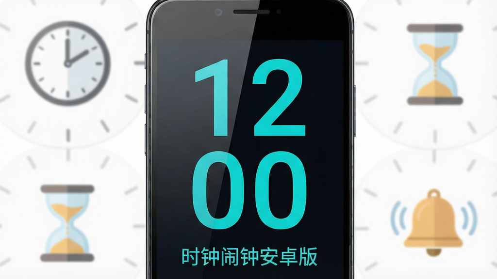 主体为一部握在手中的智能手机,屏幕正中央显示着巨大的数字时钟“12:00”,界面设计扁平化,以深色背景衬托醒目的蓝绿色时间数字,手机下方有“时钟闹钟安卓版”字样。布局为手机居中,周围环绕着柔和的时钟表盘、沙漏、铃铛图标,排版错落有致。风格干净整洁,现代感强,细节上突出玻璃反光质感与屏幕高清晰度,画质精细,无多余元素。