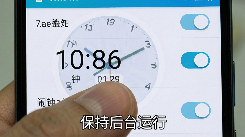 一张手机截图被手指点击的画面,截图内容为时钟闹钟安卓版的闹钟列表界面,时间旁边有开关按钮,整体背景是浅色系,图片下方配有文字“保持后台运行”。主体为手机屏幕特写,布局居中,风格写实清晰,细节展示屏幕内的时间数字与中文标签,画质锐利,无多余元素。