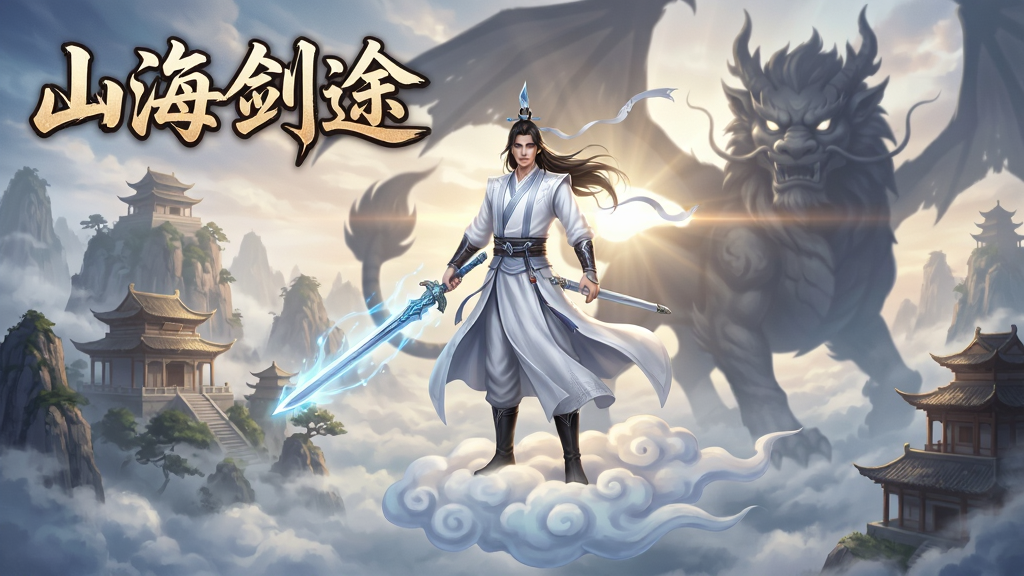 一张《山海剑途》游戏宣传封面图,画面中央是一名白衣飘飘的剑修主角,手持发光的仙剑,脚踩祥云,背景是云雾缭绕的仙山琼阁与巨大的上古神兽剪影,整体风格唯美写实,光影效果绚丽,画质细腻干净,无多余元素,图片左上角有“山海剑途”四个大字LOGO