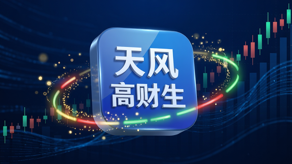 画面主体为天风高财生APP的3D图标悬浮展示,背景为深蓝色科技感流动线条与上升的K线图组合,布局采用中心构图,图标放大突出,周围环绕金色数据粒子与红绿交错的光晕效果,排版简洁大气,整体风格为金融科技风,细节展现屏幕反射光泽与数据流动态感,画质8K超清,干净无多余元素