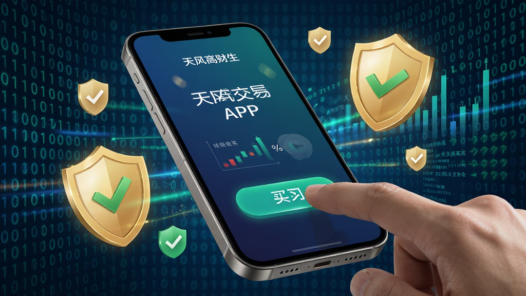 画面主体为天风高财生APP的模拟交易成功界面,一只手指正在点击屏幕上的买入按钮,手机屏幕周围有金色盾牌图标与安全验证通过的对勾标识环绕,背景为流动的二进制代码与数据流,布局采用仰视角度突出手机,排版强调安全与速度感,整体风格为科技金融风,细节展现手机金属边框与屏幕细腻色彩,画质4K超清,干净无多余元素