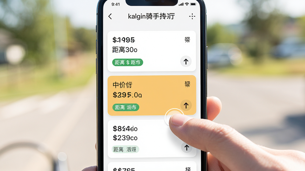 手机屏幕显示“kalgin骑手”抢单大厅界面,多个订单卡片纵向排列,卡片上有价格、距离、方向标签,高亮一条单价较高的订单,手指正在点击,背景为虚化的户外场景,风格简洁明亮,构图以屏幕为主,画质清晰,干净无多余元素