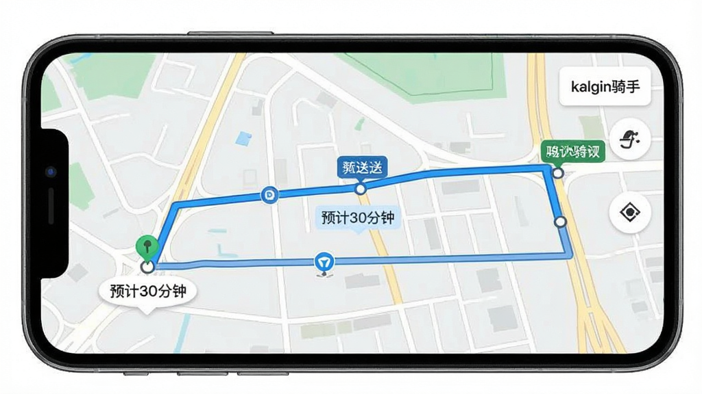 手机地图导航界面,显示“kalgin骑手”规划的连续三个送餐点路线,蓝色线条连接起点和终点,有“预计30分钟”等文字标签,地图风格清爽,道路清晰,界面简洁,构图居中,画质干净无多余元素
