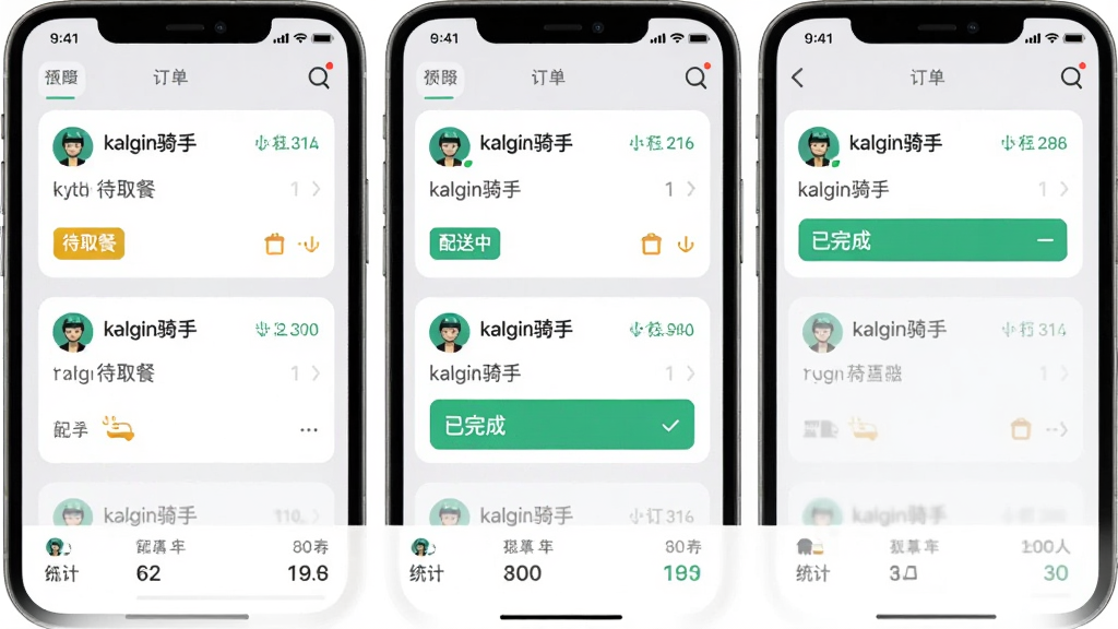 手机APP订单列表页面,显示“kalgin骑手”多个订单卡片,状态标签有“待取餐”“配送中”“已完成”,颜色区分,底部有统计栏,背景为浅灰色,风格简约现代,构图规整,画质清晰,无多余元素
