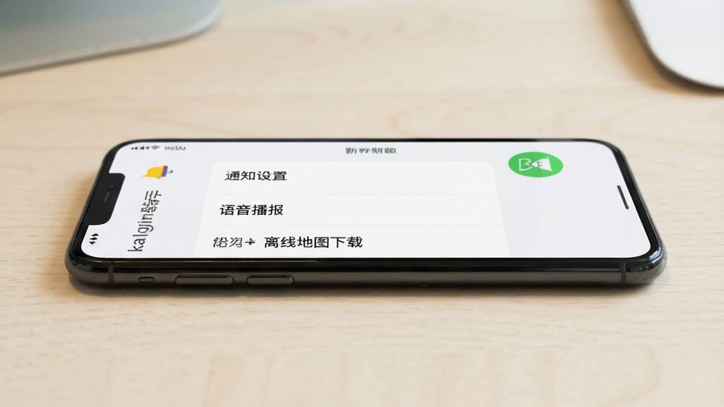 手机侧视图,屏幕显示“kalgin骑手”设置页面,有“通知设置”“语音播报”“离线地图下载”等选项,背景为浅色桌面,风格简洁,构图干净,画质清晰,无多余元素