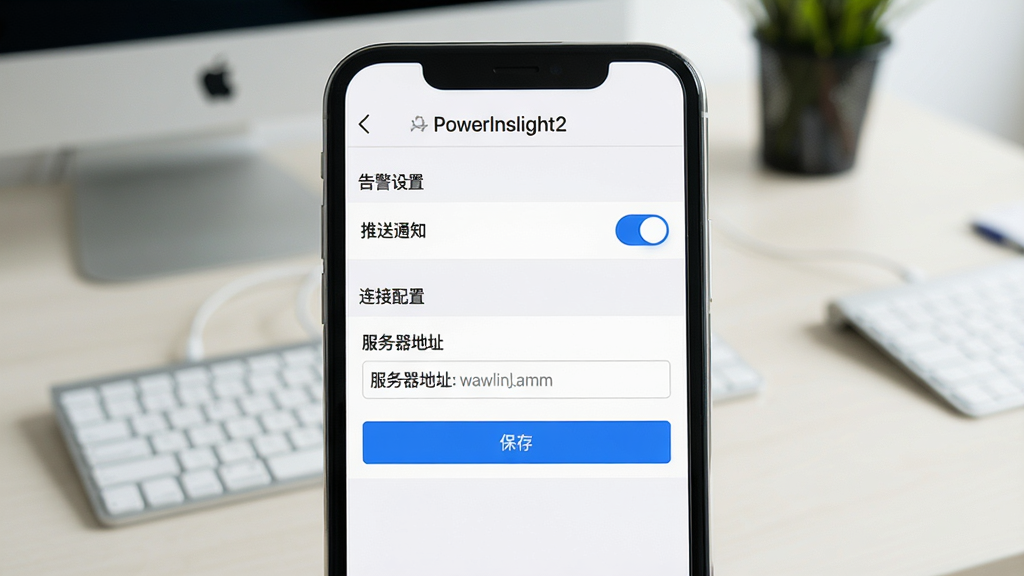 画面主体为手机屏幕显示PowerInsight2设置页面,展示“告警设置”与“连接配置”选项列表,背景为简洁的办公桌面。布局以手机屏幕为中心,屏幕内容清晰可辨。排版风格为界面截图样式,白色背景搭配蓝色高亮开关。细节包括“推送通知”开关处于开启状态、“服务器地址”输入框、“保存”按钮。画质为高清界面截图,干净无多余元素。