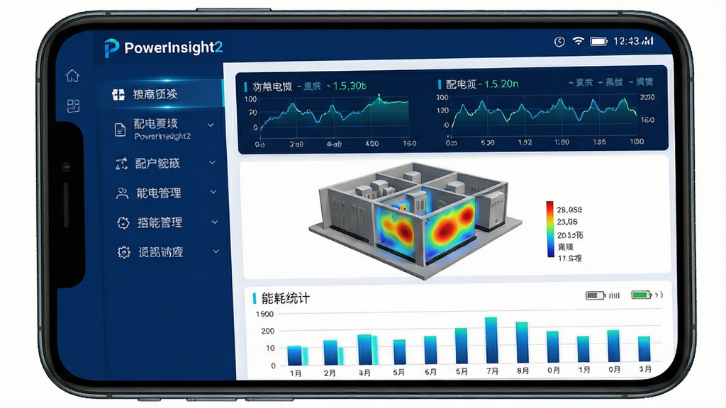 画面主体为智能手机屏幕展示PowerInsight2软件主界面,界面顶部显示“PowerInsight2”品牌标识与实时电压、电流曲线图,中部为配电房设备3D模型与彩色热力图,底部为能耗统计柱状图。布局采用左右分栏式,左侧功能菜单列表,右侧内容展示区。排版风格简洁商务,以深蓝色与白色为主色调,数据图表带有发光效果。细节上包括电池电量图标、网络信号标识、刷新时间戳。画质为高清写实截图风格,干净无多余元素。