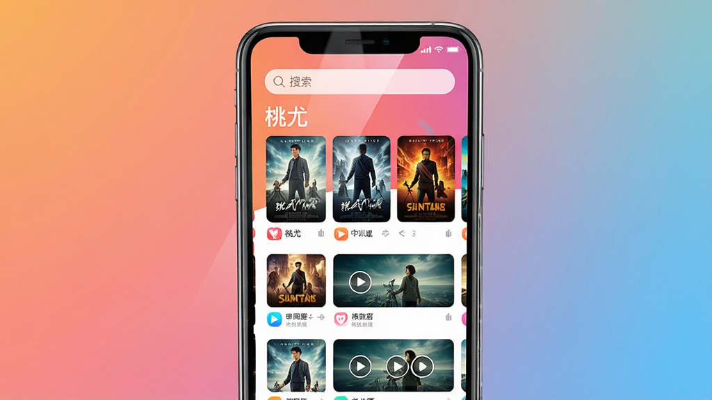 主体:手机屏幕显示桃尤APP主界面,界面顶部有搜索框,下方排列着电影海报缩略图。布局:居中构图,手机位于画面中央,背景为渐变色。排版:界面清晰展示“桃尤”字样与视频列表。风格:现代扁平化,色彩明亮。细节:手机屏幕反光自然,图标清晰可辨。画质:高清,干净,无多余元素。
