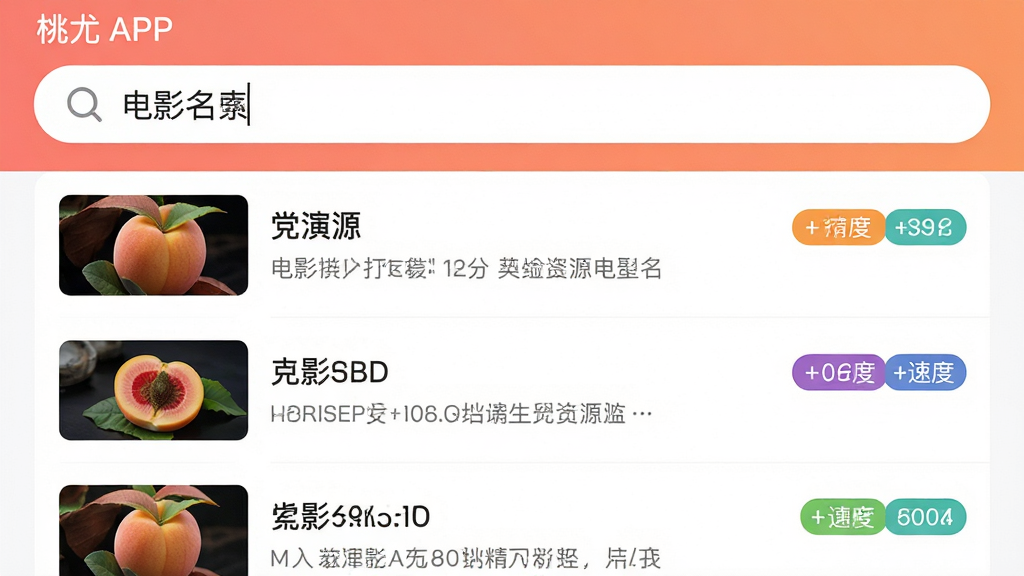 主体:桃尤APP的搜索界面,搜索框内输入“电影名”,下方显示多条资源结果列表。布局:上下结构,上部为搜索框,下部为列表。排版:结果条目右侧标注清晰度与速度标签。风格:简洁列表式设计。细节:每条结果有缩略图与标题。画质:高清,干净,无多余元素。