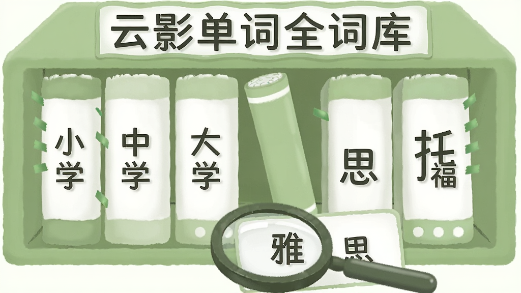 һ�����������ǩ�Ĳ�ͼ������ϵ�ÿ�������ӡ�С�Сѧ������ѧ������ѧ������˼�����и�����������ǰ����һ���Ŵ��뵥�ʿ�Ƭ������������ɫ��Ϊǳ�����ɫ�����֡���Ӱ����ȫ�ʿ⡱��������Ϸ������ʸɾ����޶���Ԫ��