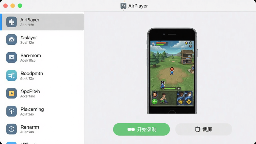 һ��չʾƻ��¼����ʦ��AirPlayer��������ĵ��Խ�ͼ�������������������Ϊ�����豸�б����Ҳ�ΪԤ�����ڣ���������ʾһ��iPhone�ֻ���Ļ���棬�ֻ���Ļ����һ����Ϸ���棬�·��С���ʼ¼�ơ��͡���������ť�����岼��������ɫ�����£����ʸɾ����޶���Ԫ��