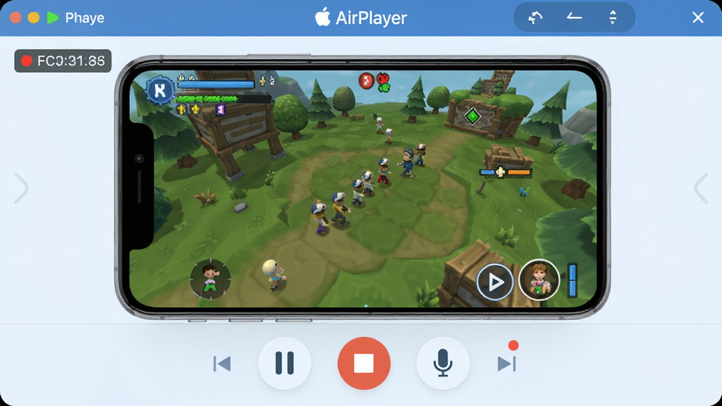 һ��չʾƻ��¼����ʦ��AirPlayer��¼�ƹ��ܵĽ����ͼ������������¼��һ���ֻ���Ϸ����Ϸ�������������Ͻ���ʾ¼��ʱ�����·�����ͣ��ֹͣ����˷翪�صȿ��ư�ť�����沼�ּ�࣬��ťͼ����Ŀ������ɫ��ƫ�䣬���ʸɾ����޶���Ԫ��