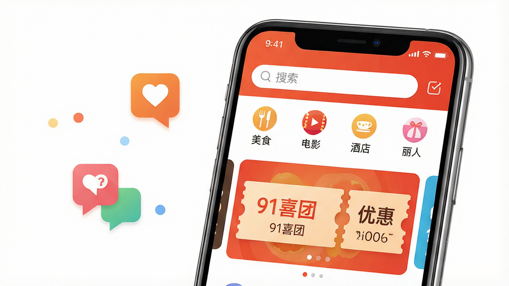 画面主体为一部智能手机屏幕特写,屏幕内清晰显示“91喜团”APP界面,界面顶部为搜索栏,下方为分类图标:美食、电影、酒店、丽人等,中间为大幅优惠券轮播横幅,整体界面简洁现代。布局为手机居中偏右,左侧留白有彩色气泡图标点缀,排版干净。风格为扁平化UI设计展示图,色彩明亮活泼,主色调为橙红色。细节包括手机边框高光反射,屏幕内容文字清晰可辨,画质为8K超高清,干净无多余元素。