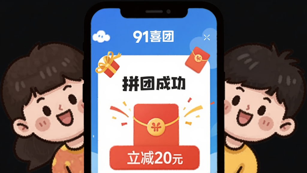 画面主体为三个卡通人物头像围绕一个大的手机屏幕,屏幕中显示“91喜团”拼团成功界面,有红包和礼花特效。布局为三角构图,人物位于屏幕后方,屏幕居中。风格为可爱卡通插画风,色彩明快。细节包括人物表情开心,屏幕上的“拼团成功”和“立减20元”字样清晰可见,画质干净无多余元素。