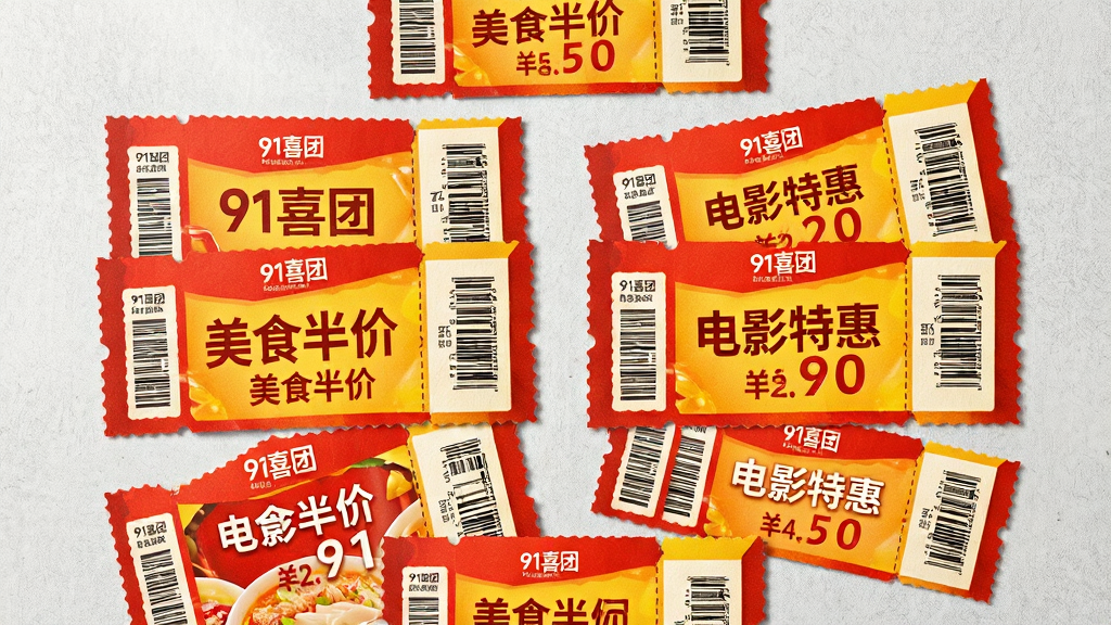 画面主体为一张平铺展开的优惠券票券集合图,票券上印有“91喜团”字样及“美食半价”、“电影特惠”等醒目文字。布局为对称排列,票券之间错落有致,背景为浅灰色纹理。风格为电商促销海报风格,色彩鲜艳,红黄为主色调。细节包括票券边缘的锯齿线、条形码和折扣数字,画质精细,干净无多余元素。