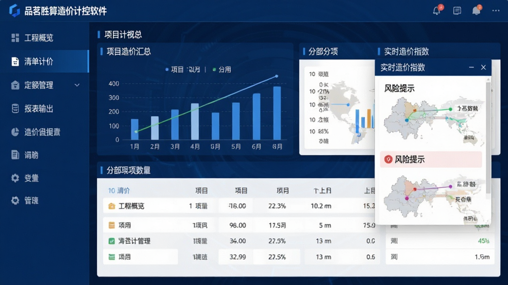 品茗胜算造价计控软件主界面,左侧导航栏显示工程概览、清单计价、定额管理、报表输出等模块,中央大屏展示项目造价汇总图表与分部分项数据,右侧悬浮窗口显示实时造价指数与风险提示。整体布局采用深蓝色科技感主题,配以白色数据卡片和浅灰色背景,界面简洁明亮,专业商务风格,细节清晰,画质干净,无多余元素。
